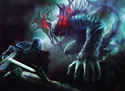HD desktop wallpaper featuring a Dark Souls video game scene with a knight facing a menacing, red-eyed beast in a dramatic, dark fantasy setting.
