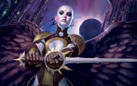 Man-made Magic: The Gathering 2K Quad HD PC wallpaper — a bald, winged armored warrior grips a glowing sword before a purple cosmic sky with a distant planet.