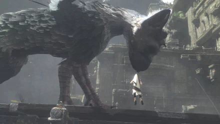 A stunning HD wallpaper from the video game The Last Guardian, featuring a large creature gently interacting with a small character against a mysterious, ancient backdrop.