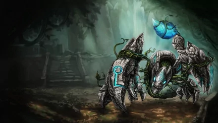 HD PC desktop wallpaper featuring Skarner, the crystalline scorpion from League of Legends, set against a mysterious, shadowy forest background.