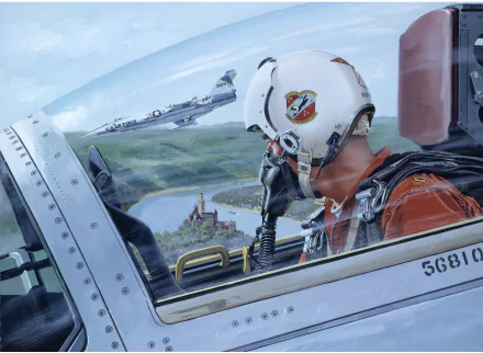 5K Ultra HD PC desktop wallpaper: military Lockheed F-104 Starfighter cockpit view, helmeted pilot, wingmen in formation over a river valley and distant castle.