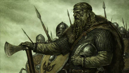 HD desktop wallpaper depicting a warrior in chainmail and helmet with an axe, inspired by the video game Mount & Blade.