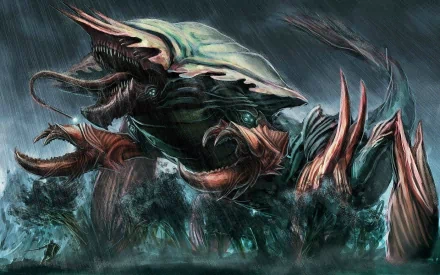 Massive armored sea leviathan with horned carapace and glowing teal eyes rising through stormy waters — HD PC desktop wallpaper/background from the video game Rift.