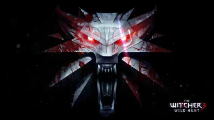 HD wallpaper from The Witcher 3: Wild Hunt featuring a stylized, fierce wolf head emblem with glowing red eyes on a dark background.