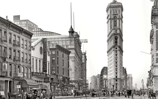 Black and white HD desktop wallpaper of Times Square, Manhattan, New York, showcasing historic man-made architecture and bustling city life.