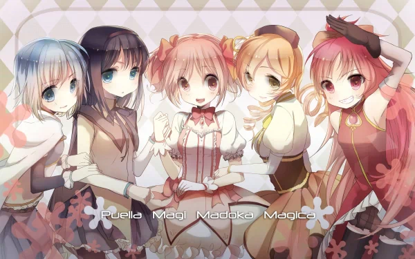 A vibrant HD wallpaper featuring the main characters from Puella Magi Madoka Magica: Sayaka Miki, Mami Tomoe, Kyōko Sakura, Madoka Kaname, and Homura Akemi.