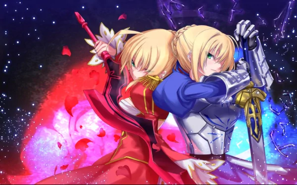 HD desktop wallpaper featuring Red Saber and Saber from Fate/Grand Order, showcasing a dynamic and vibrant anime artwork with striking colors and intricate details.