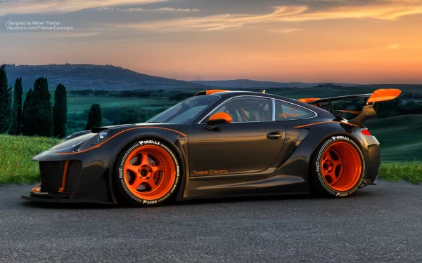 HD PC desktop wallpaper featuring a sleek Porsche sports car with black and orange accents, set against a scenic sunset backdrop.