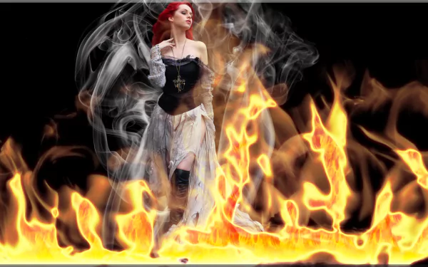 HD desktop wallpaper featuring a gothic theme with a woman enveloped in swirling smoke and rising flames, set against a dark background.