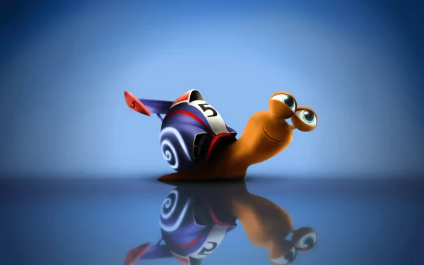 HD wallpaper featuring the character Turbo from the movie Turbo, with a reflection on a blue background.