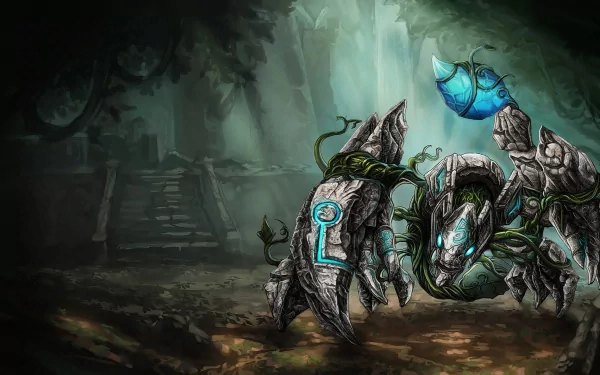 HD PC desktop wallpaper featuring Skarner, the crystalline scorpion from League of Legends, set against a mysterious, shadowy forest background.
