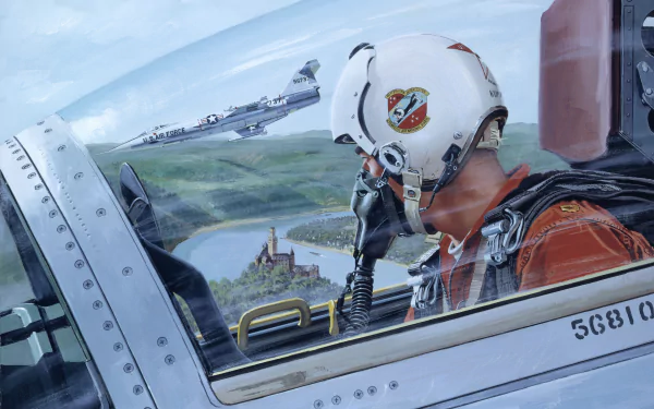 5K Ultra HD PC desktop wallpaper: military Lockheed F-104 Starfighter cockpit view, helmeted pilot, wingmen in formation over a river valley and distant castle.
