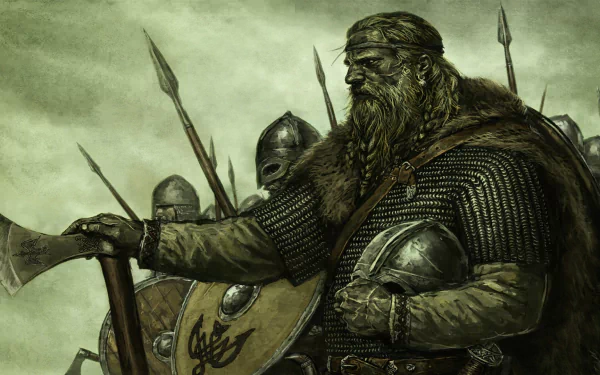HD desktop wallpaper depicting a warrior in chainmail and helmet with an axe, inspired by the video game Mount & Blade.