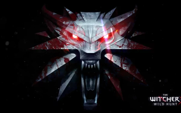 HD wallpaper from The Witcher 3: Wild Hunt featuring a stylized, fierce wolf head emblem with glowing red eyes on a dark background.