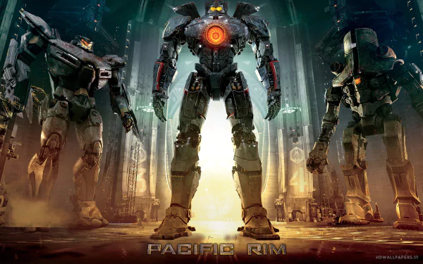 A dramatic HD wallpaper featuring towering mechs from the movie Pacific Rim, set against a futuristic backdrop of a machine-filled environment.