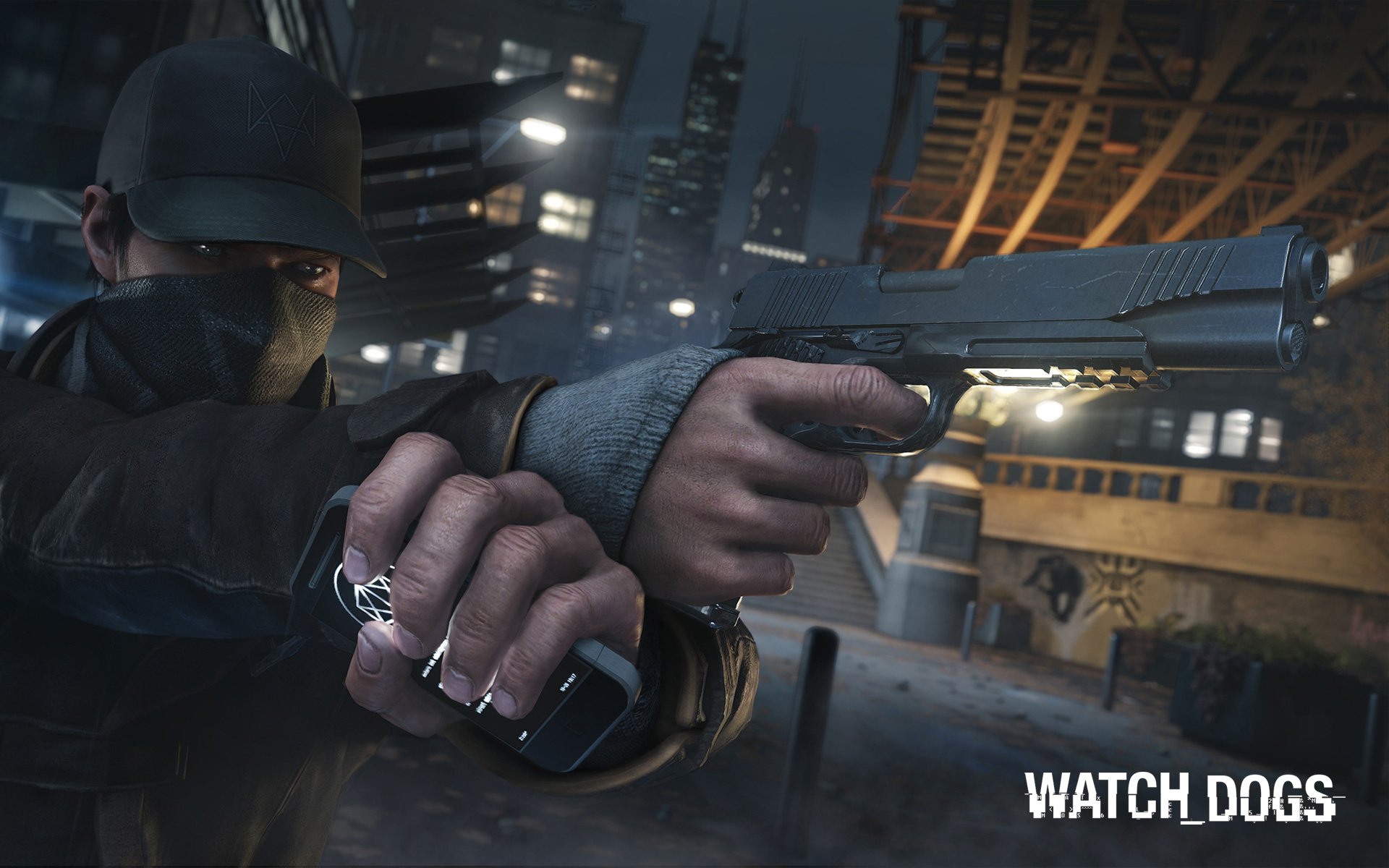 HD PC desktop wallpaper featuring Aiden Pearce from the video game Watch Dogs, aiming a handgun in a dark urban environment.