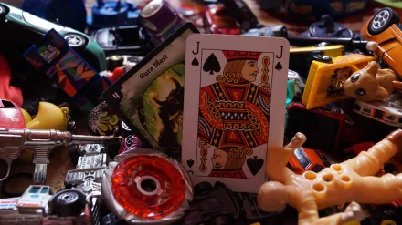 A vibrant scene featuring a colorful array of toys, including a Duel Masters card and a playing card, surrounded by various man-made objects, presented as a 4K Ultra HD wallpaper.