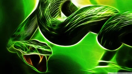 HD desktop wallpaper featuring a vibrant, neon-green snake coiled with an abstract light effect in the background, creating an intense and striking visual.