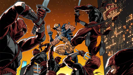 HD PC desktop wallpaper featuring Wolverine in dynamic combat with multiple ninjas, inspired by the Wolverine: Japan's Most Wanted comic series.