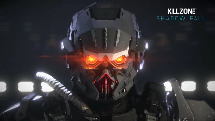 A striking HD wallpaper from the video game Killzone: Shadow Fall, featuring a menacing character with glowing orange eyes and a futuristic helmet, set against a dark background.