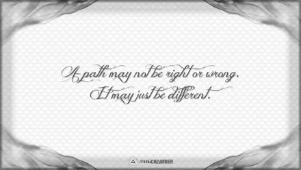 Minimalist 2K Quad HD PC desktop wallpaper (Misc, statement): elegant script on textured white reading A path may not be right or wrong. It may just be different. with soft gray smoke corners.