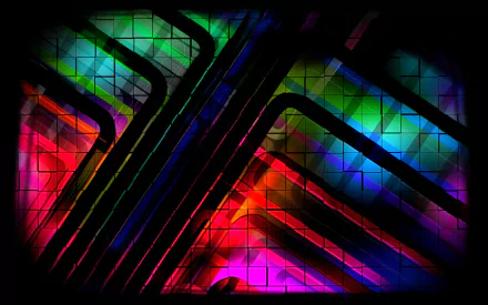 Artistic HD PC desktop wallpaper background of vivid colors: neon-hued geometric lines and tiled gradients forming angled pathways on a dark field.