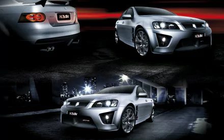 HD wallpaper showcasing Australian Holden HSV GTS cars with sleek silver designs, emphasizing the vehicle's sporty and modern aesthetic in an urban night setting.