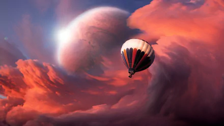 HD desktop wallpaper featuring a hot air balloon floating amidst vibrant, cloud-swirled skies with a fantasy celestial backdrop.