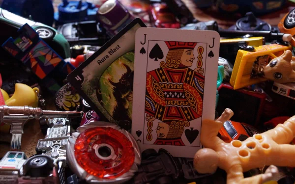 A vibrant scene featuring a colorful array of toys, including a Duel Masters card and a playing card, surrounded by various man-made objects, presented as a 4K Ultra HD wallpaper.