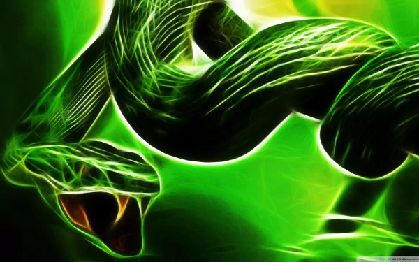 HD desktop wallpaper featuring a vibrant, neon-green snake coiled with an abstract light effect in the background, creating an intense and striking visual.