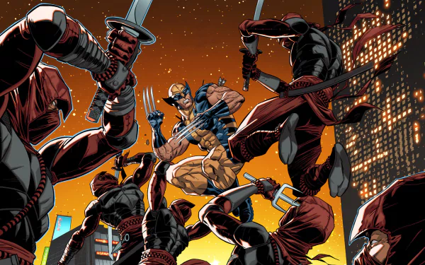 HD PC desktop wallpaper featuring Wolverine in dynamic combat with multiple ninjas, inspired by the Wolverine: Japan's Most Wanted comic series.