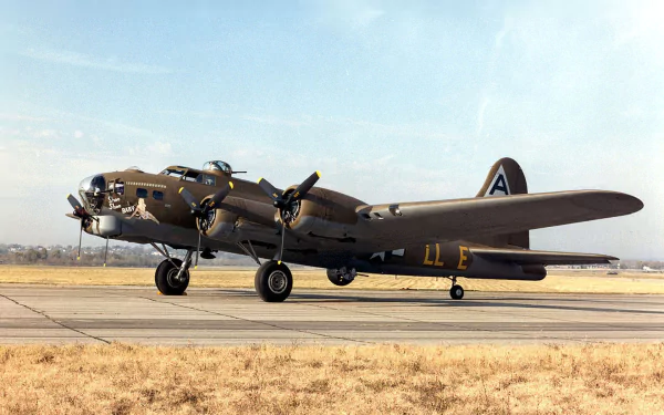 HD desktop wallpaper featuring a Boeing B-17 Flying Fortress military aircraft on a runway under a clear sky.