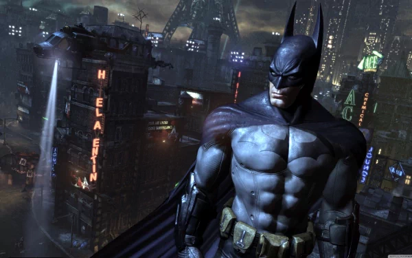 Batman stands on a rooftop overlooking a neon-lit cityscape from the video game Batman: Arkham City, rendered in stunning 4K Ultra HD for PC.