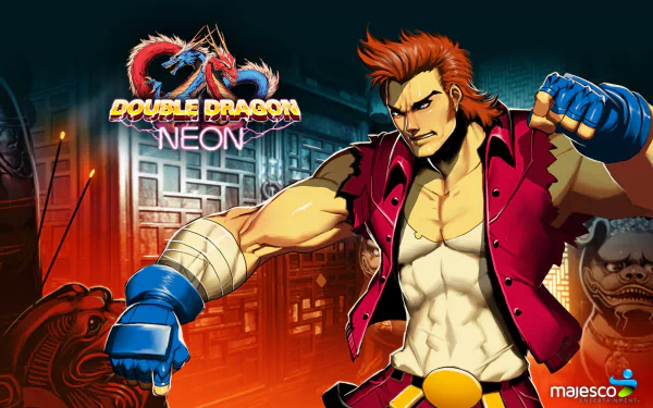 HD wallpaper of Double Dragon Neon featuring a stylized character ready for combat with a fiery dragon and logo in the background.