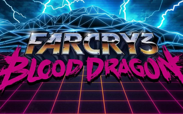 Far Cry 3: Blood Dragon video game logo in neon retro-futuristic style — chrome FAR CRY 3 above magenta BLOOD DRAGON on a glowing grid with lightning and wireframe mountains. HD PC wallpaper.
