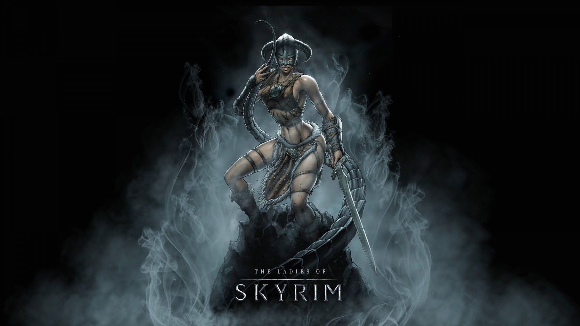A captivating HD wallpaper from The Elder Scrolls V: Skyrim, featuring a formidable character surrounded by dramatic mist, emphasizing the game's fantasy atmosphere.