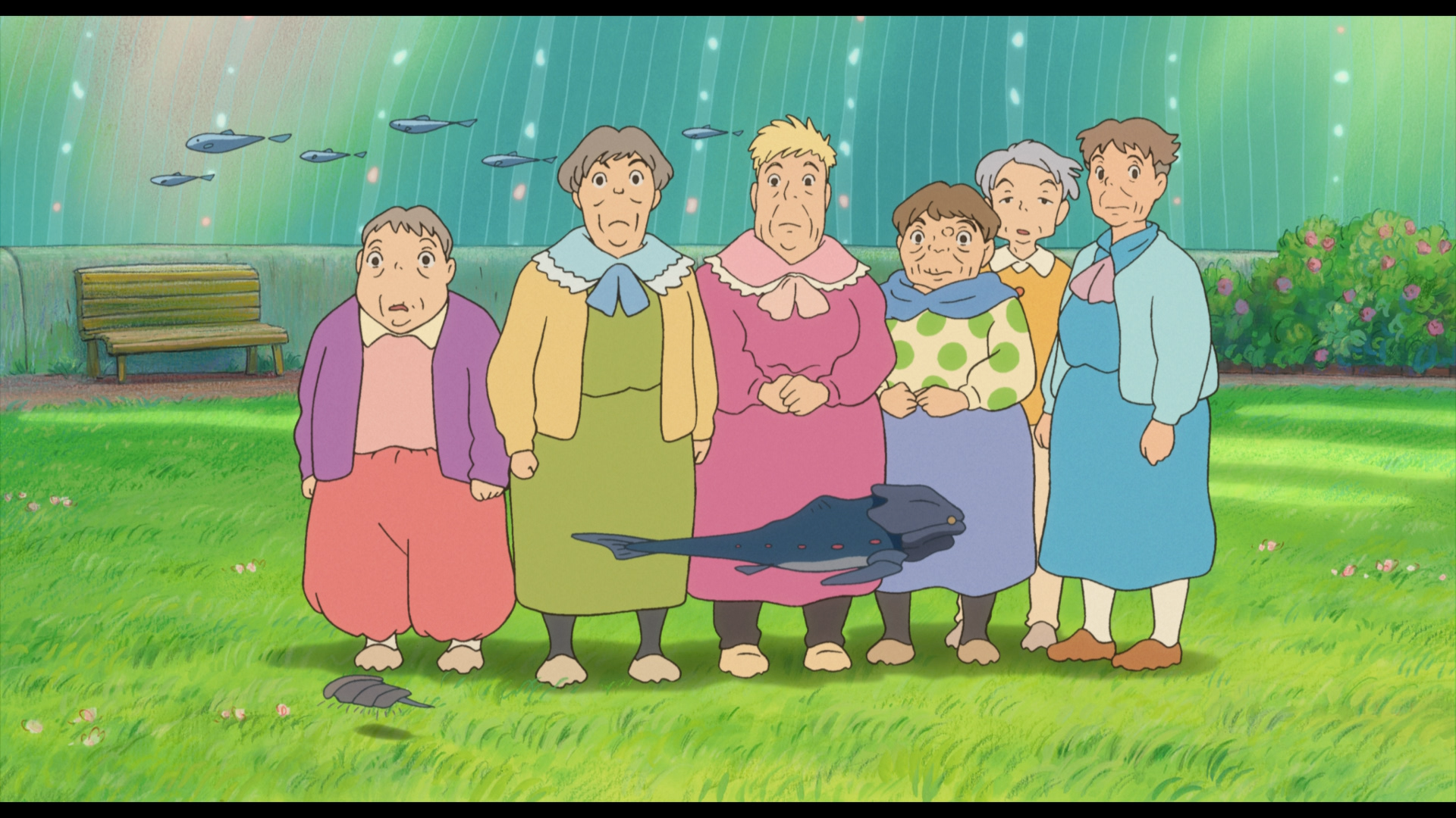 HD desktop wallpaper of characters from Ponyo, including a group of elderly women, gathered outdoors with a magical fish nearby.