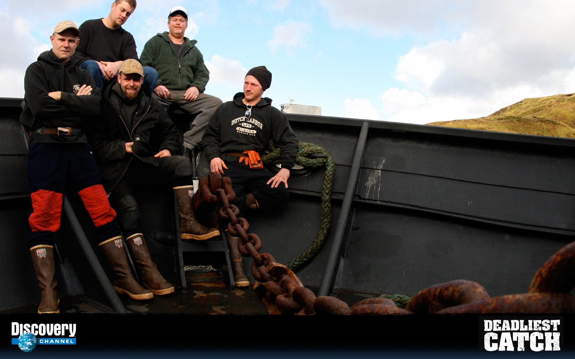 HD wallpaper featuring crew members from Deadliest Catch aboard a ship, with the show's logo visible.