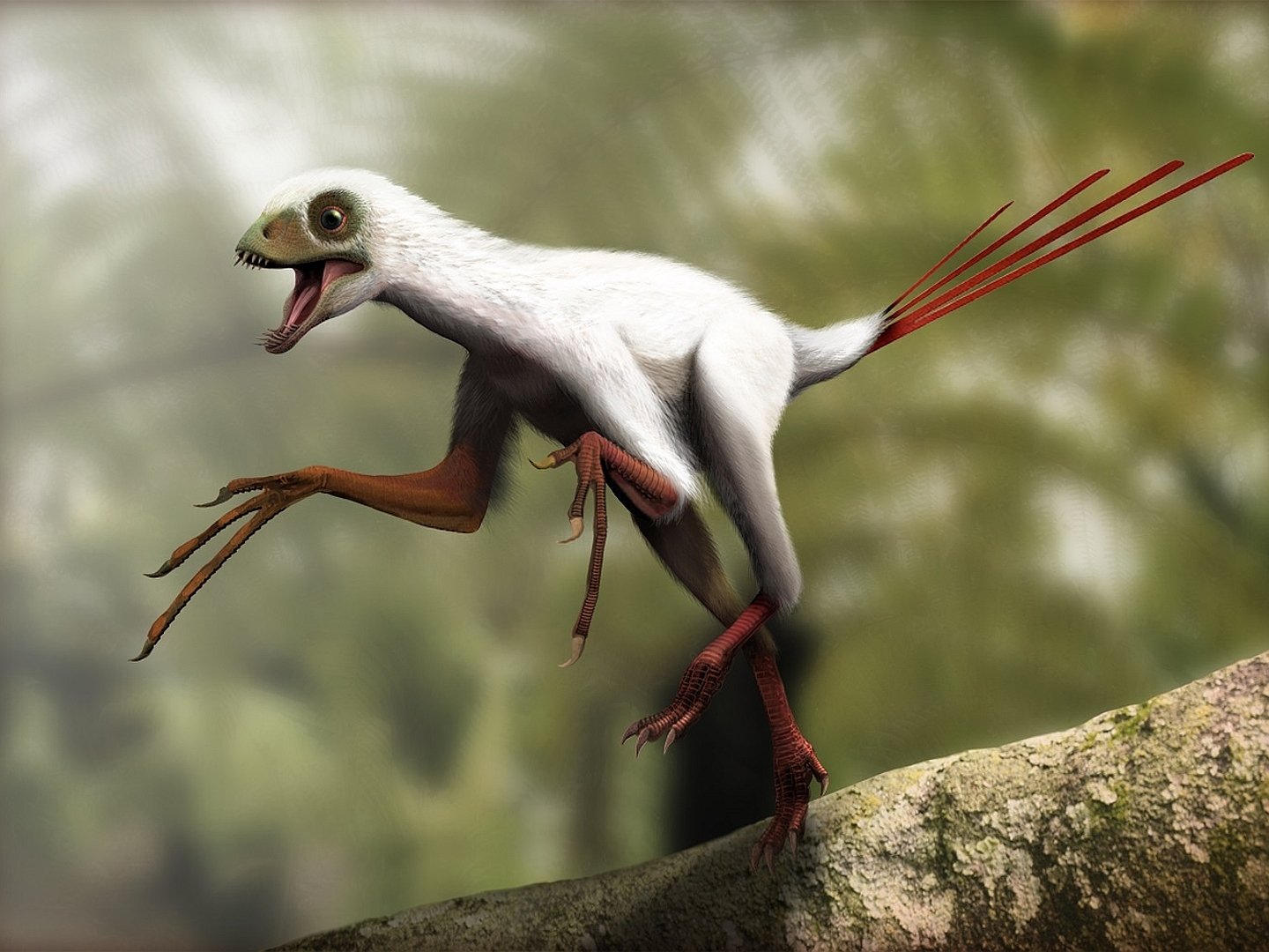 A vibrant illustration of a small dinosaur-like creature with feathers, energetically leaping over a log in a lush, prehistoric environment, suitable as a stunning HD desktop wallpaper.