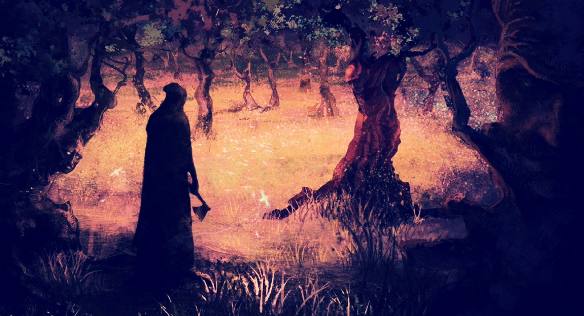 A dark, enchanting forest scene with a cloaked figure stands amidst gnarled trees, illuminated by a mystical glow, creating a captivating fantasy atmosphere for an HD desktop wallpaper.