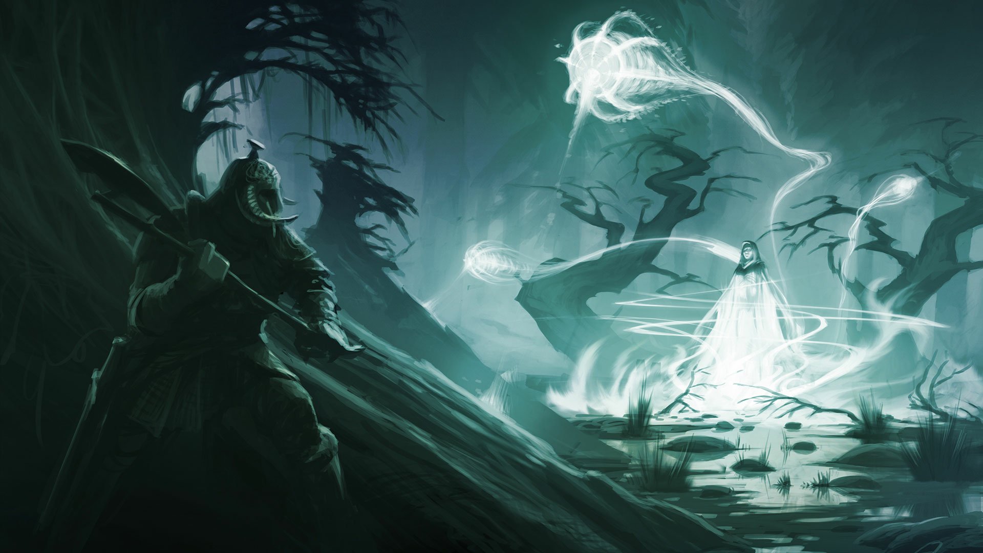 HD PC desktop wallpaper featuring a dark, mystical battle scene from the video game The Elder Scrolls V: Skyrim with a warrior confronting a glowing spectral figure.