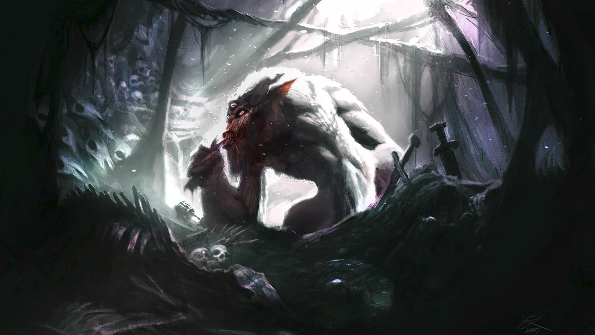 A powerful creature looms in a misty forest, surrounded by shadows and eerie light. This HD wallpaper captures the dark fantasy of The Elder Scrolls V: Skyrim.