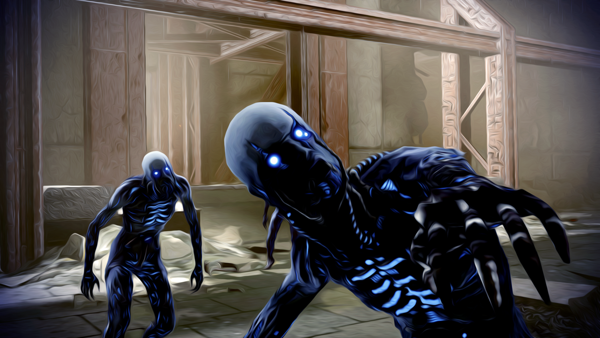 HD PC desktop wallpaper featuring eerie, glowing blue synthetic creatures from the video game Mass Effect 2 in a dimly lit sci-fi environment.