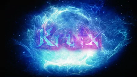 Abstract blue HD PC desktop wallpaper: glowing blue and purple energy sphere with wispy nebula-like tendrils and faint geometric markings on a dark background.