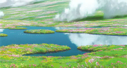 HD wallpaper of a scenic view from Howl's Moving Castle featuring a lush green landscape with a clear river and blooming flowers.