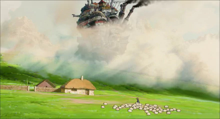 HD desktop wallpaper featuring Howl's Moving Castle amidst clouds above a pastoral scene with a shepherd and sheep.