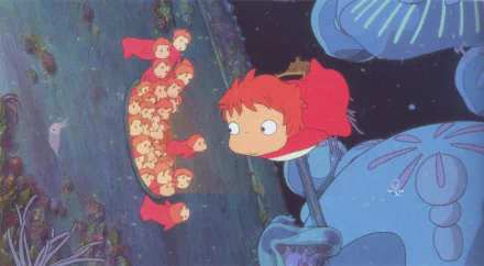 HD desktop wallpaper featuring Ponyo surrounded by her sisters in an underwater scene from the animated film.