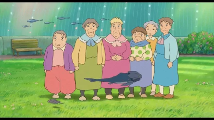 HD desktop wallpaper of characters from Ponyo, including a group of elderly women, gathered outdoors with a magical fish nearby.