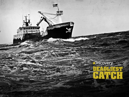 HD wallpaper featuring a fishing vessel from Deadliest Catch braving turbulent seas, with the show's logo displayed.