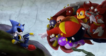 HD desktop wallpaper featuring Metal Sonic and Doctor Eggman in a parody of The Creation of Adam from Sonic CD.